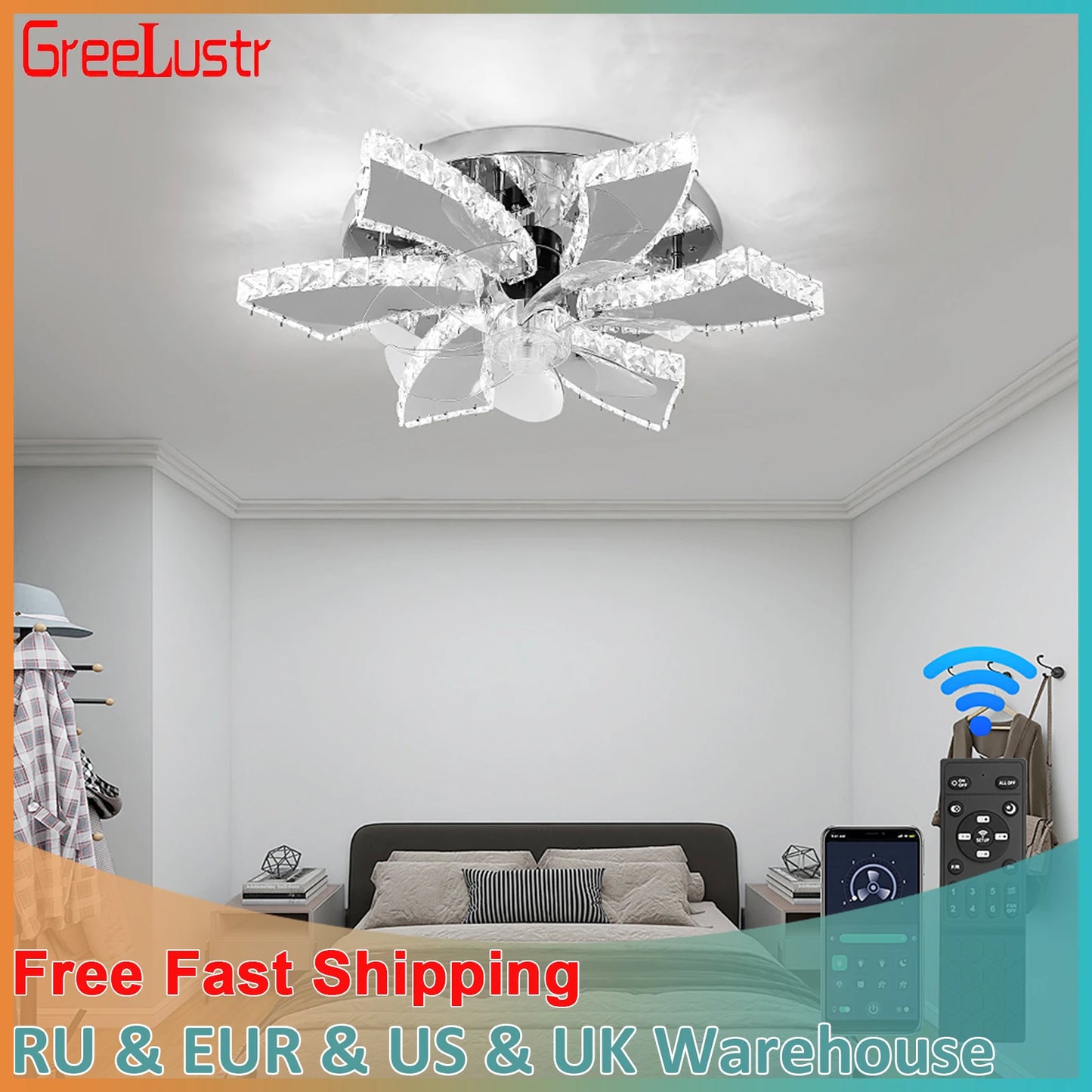 GreeLustr Luxury Crystal Ceiling Fan Lamp With Remote Control