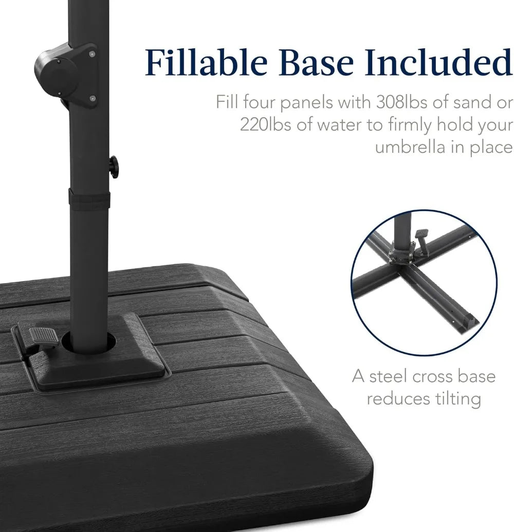 9x12ft LED Cantilever Patio Umbrella w/Base Included & 360° Rotation, Large Solar Offset Hanging Outdoor Sun Shade for Deck