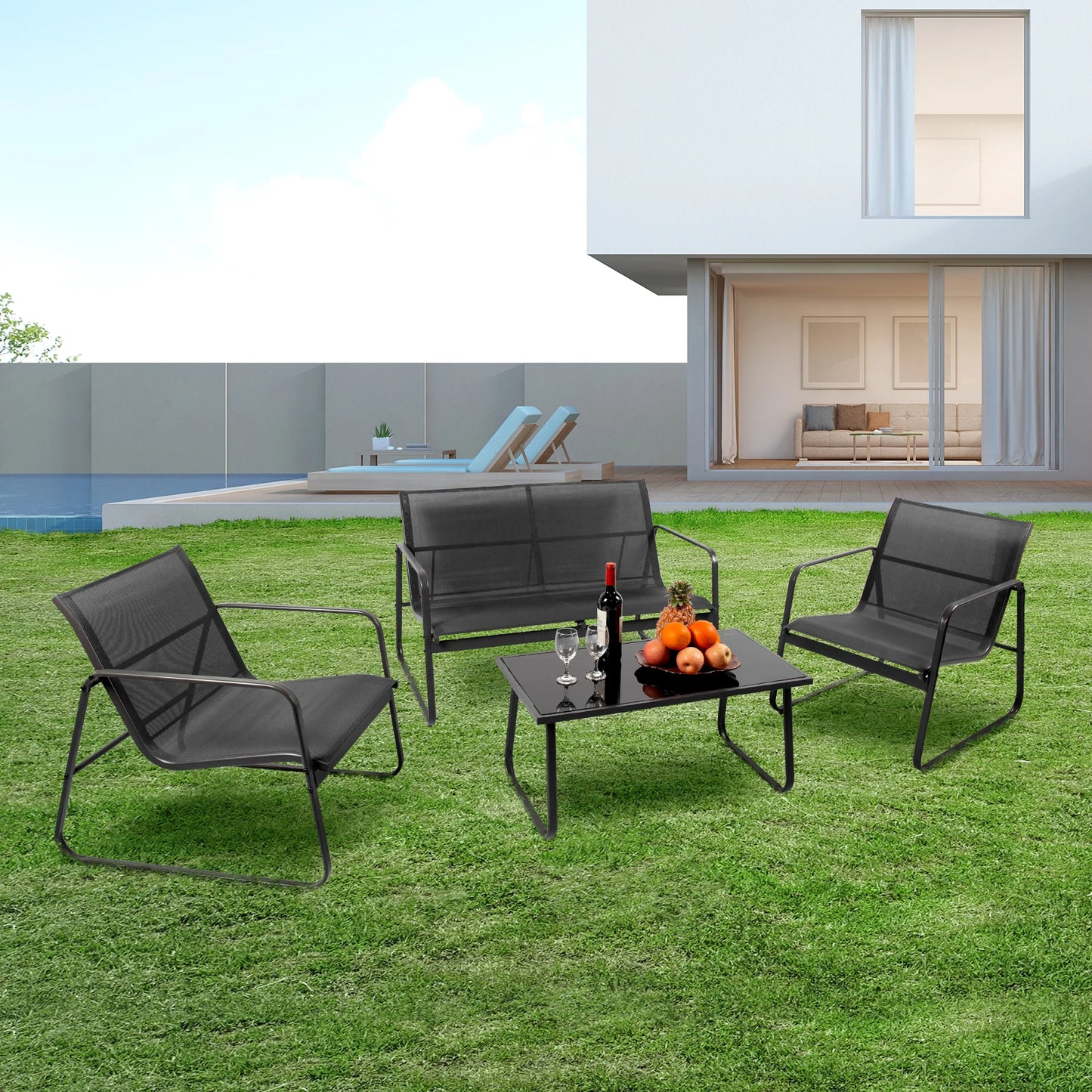 JHK Outdoor Patio Furniture 4 Piece Set With Table Metal Frame