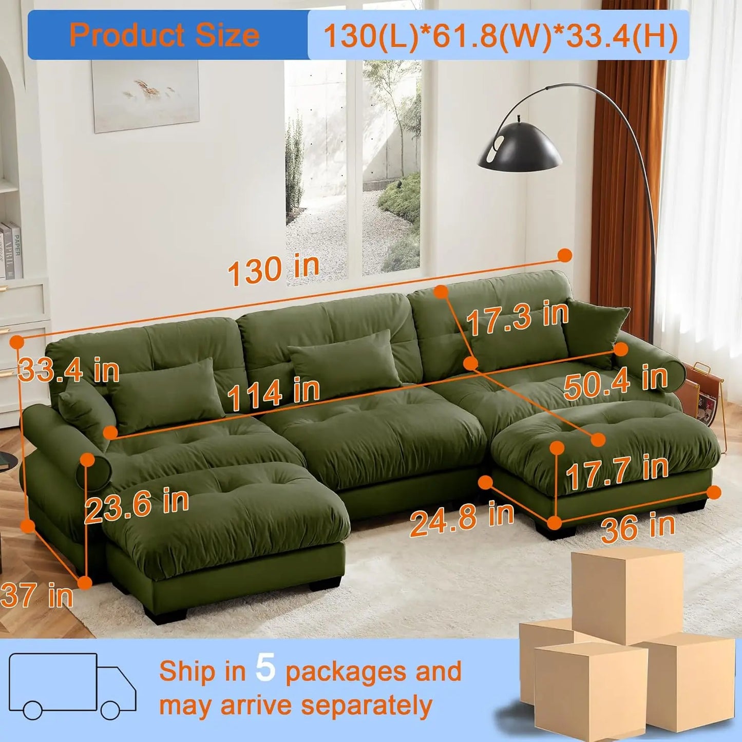 Modular U Shaped Sectional Sofa With Ottoman Velvet