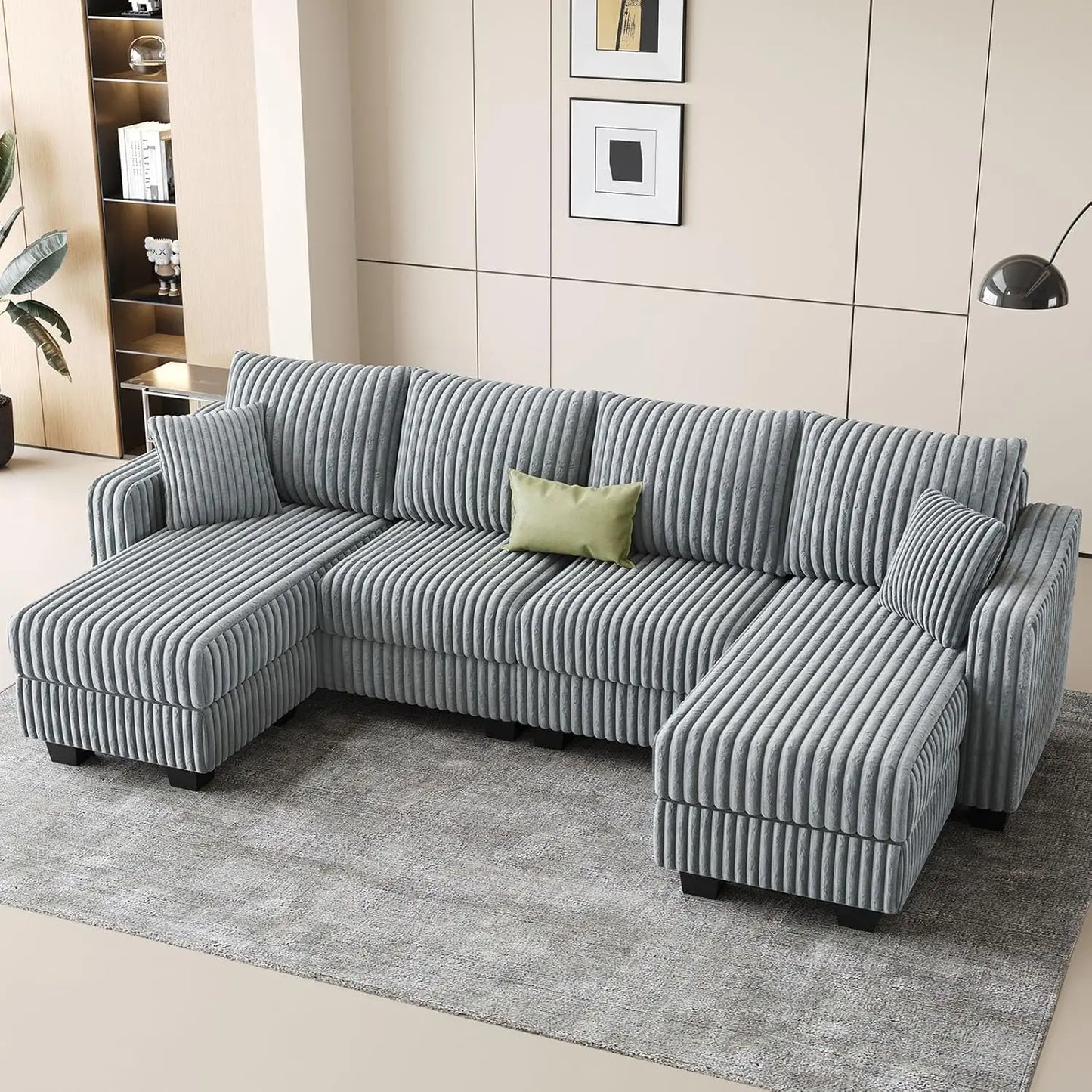 U Shape Reversible Sectional Sofa With Ottoman Corduroy Living Room