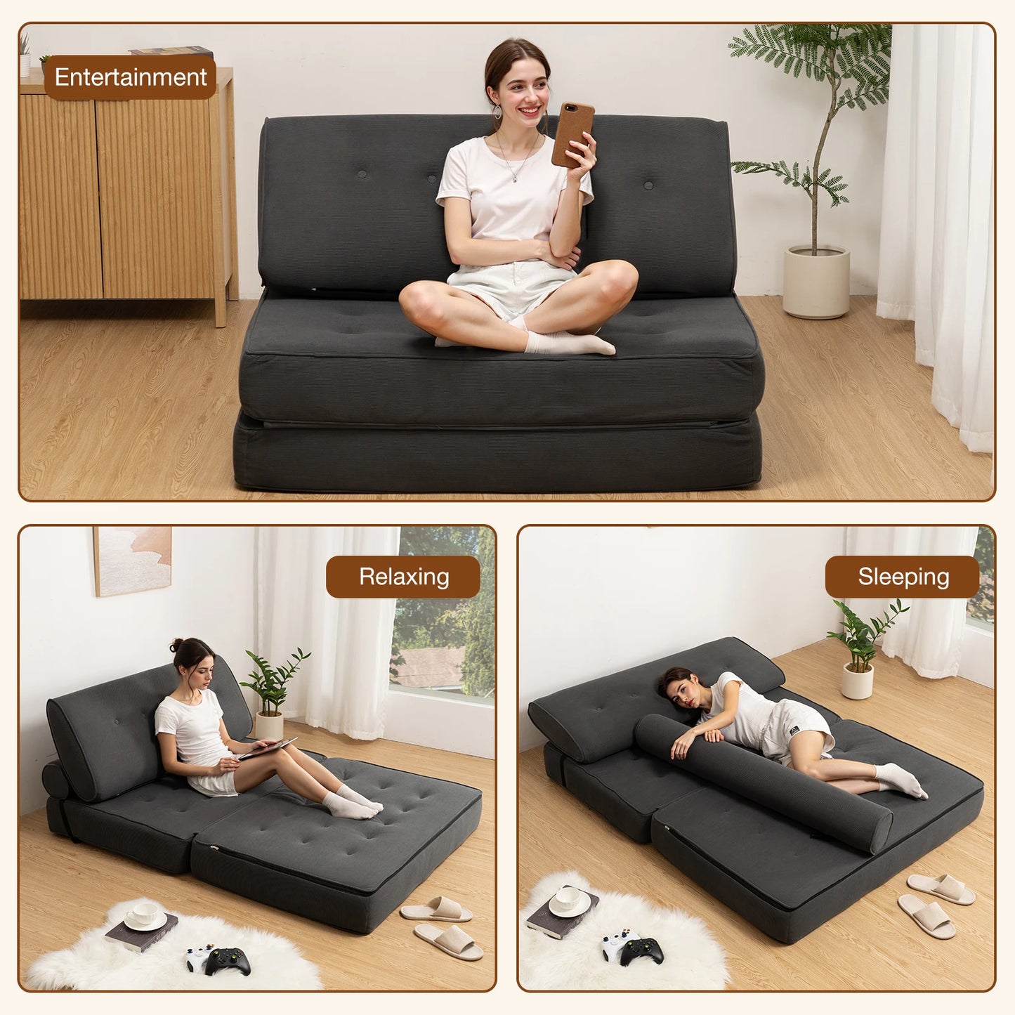 Folding Sofa Bed With Back Support Pillows For Living Room