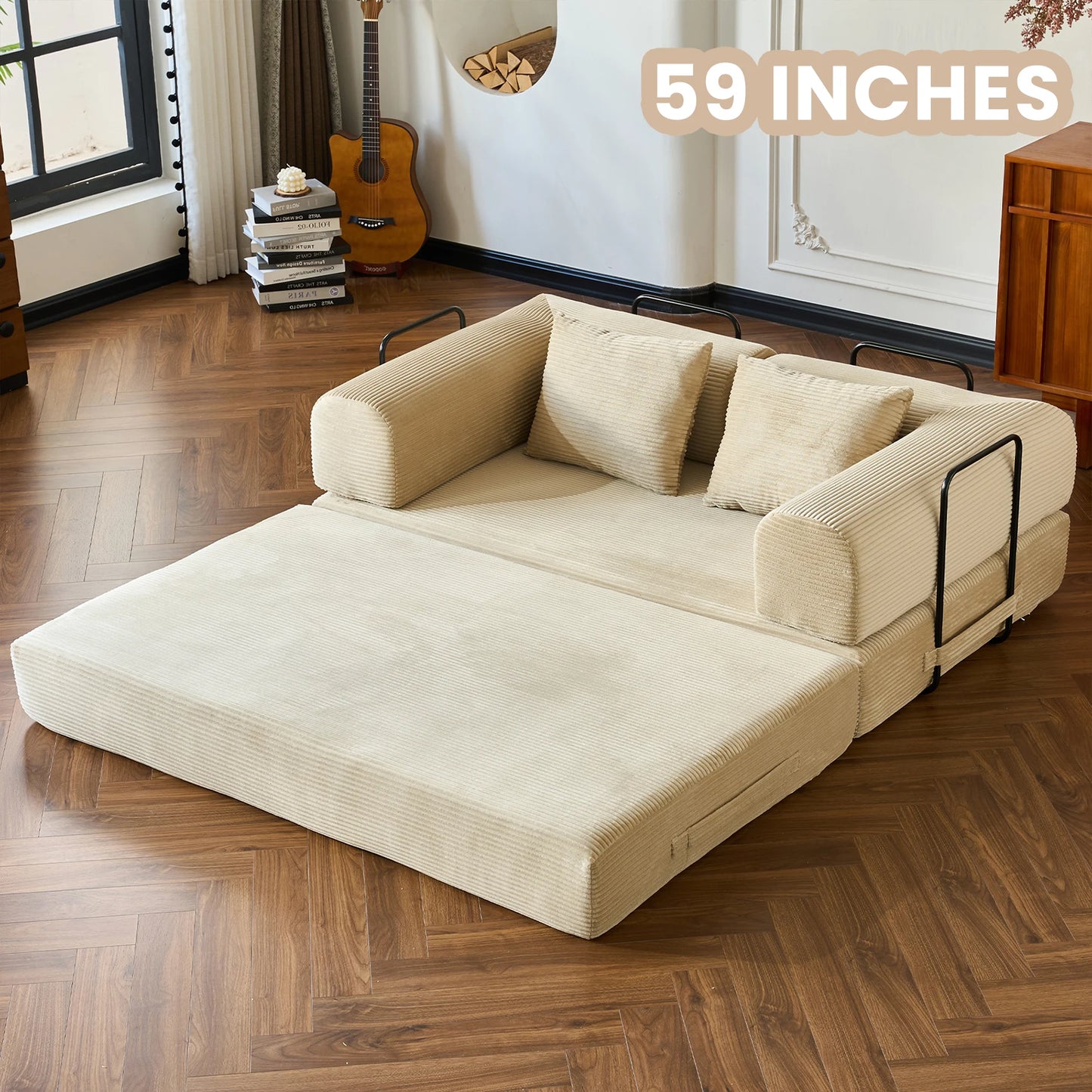 Foldable Convertible Futon Sofa Bed With L Shaped Armrests