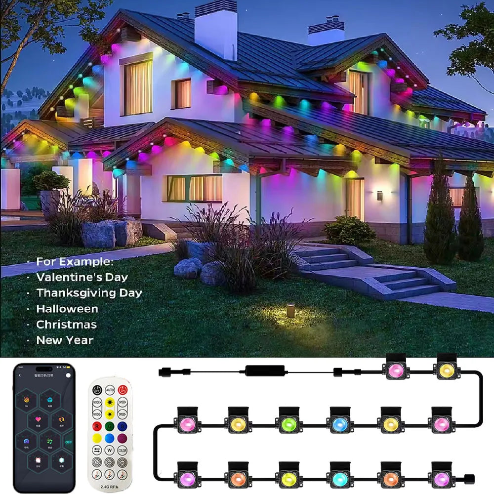 Outdoor Smart LED String Lights For Permanent Eaves With Remote