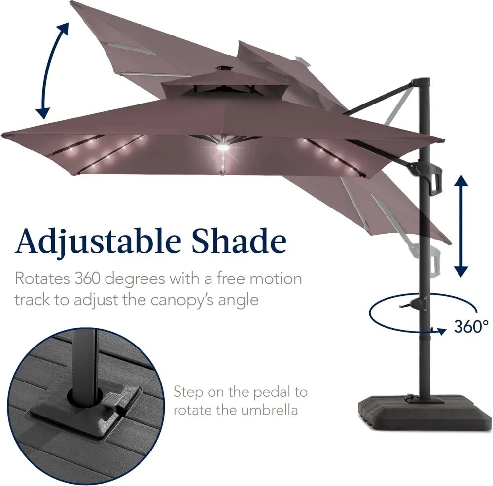 9x12ft LED Cantilever Patio Umbrella w/Base Included & 360° Rotation, Large Solar Offset Hanging Outdoor Sun Shade for Deck