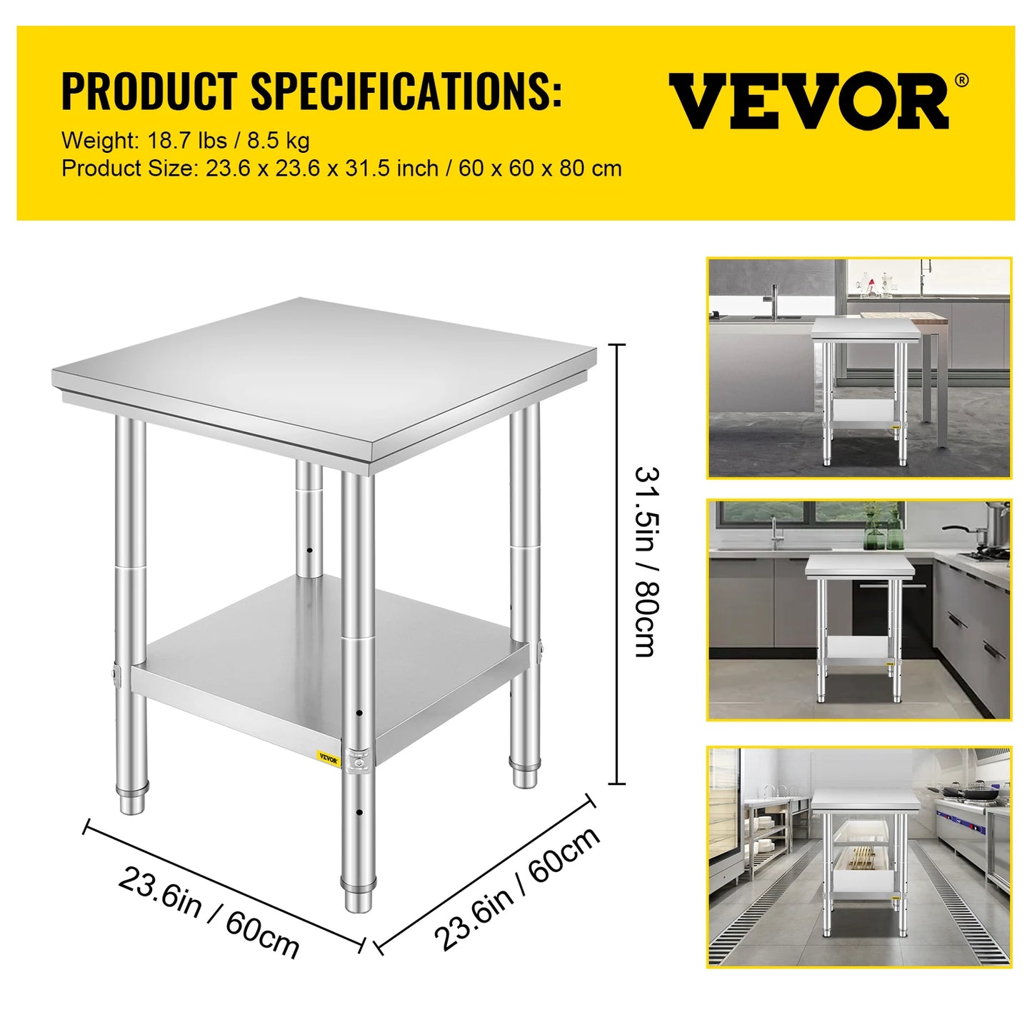 Stainless Steel Kitchen Work Bench With Undershelf 330 LBS Capacity