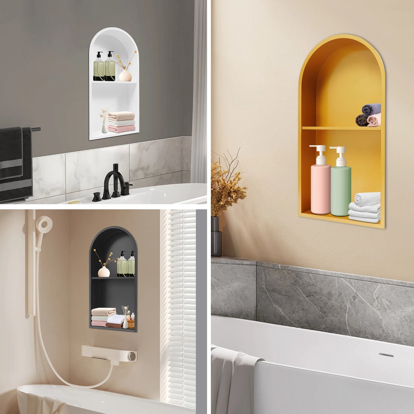 Dual Tier Arched Wall Mounted Shower Niche in Stainless Steel