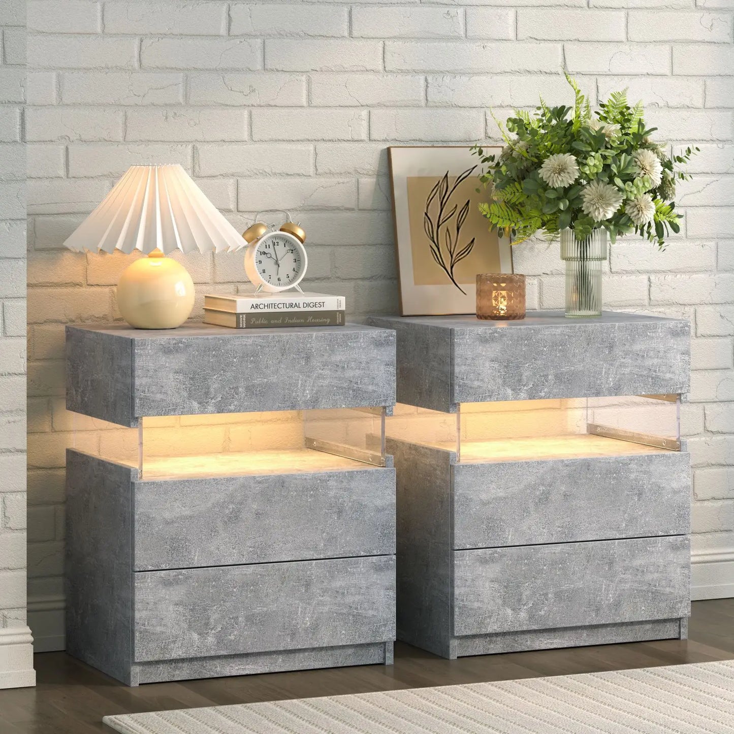 Cubehom LED Bedside Tables 2 Pack With 3 Drawers Bedroom