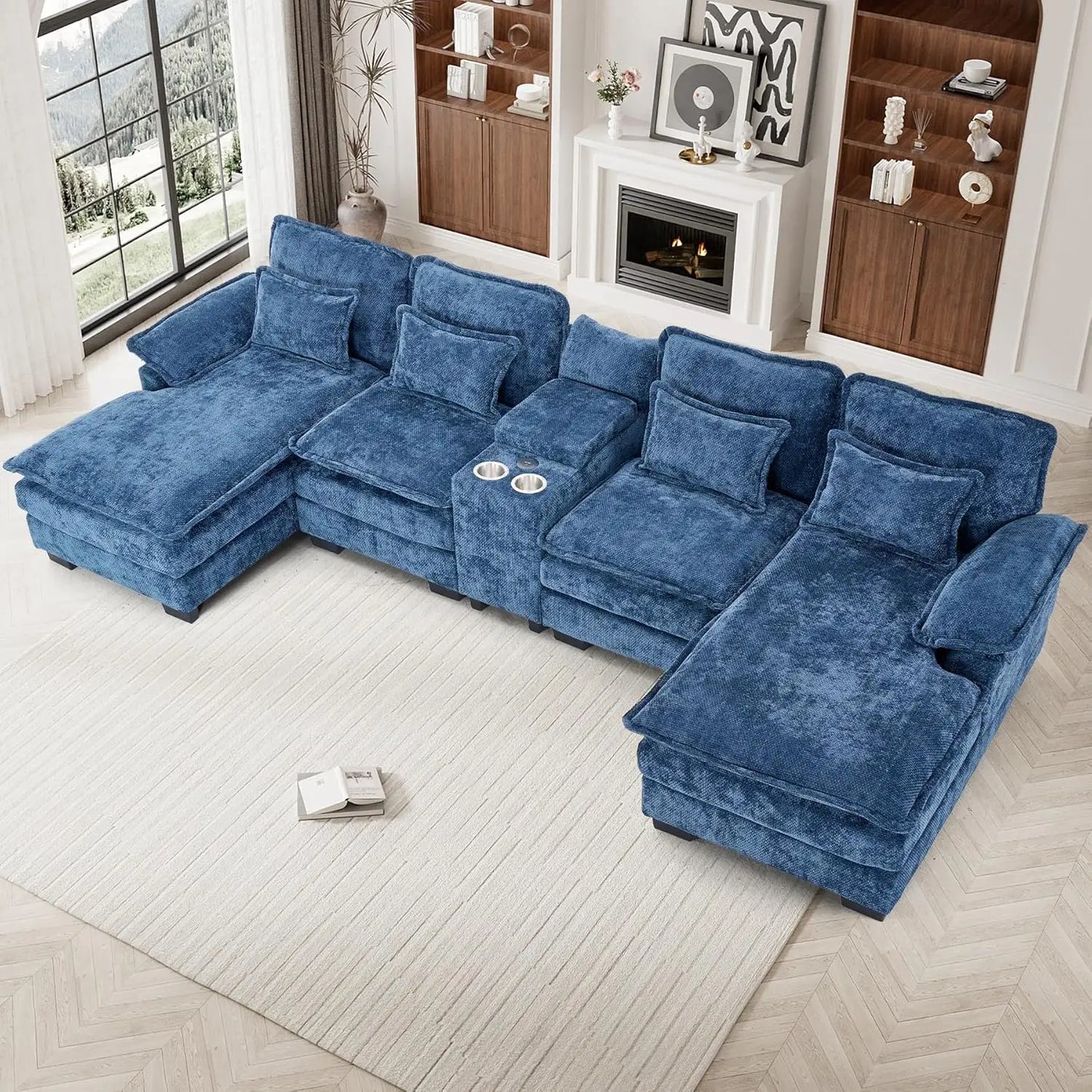 U Shaped Modular Sectional Sofa Chenille With Double Chaise Storage Console USB