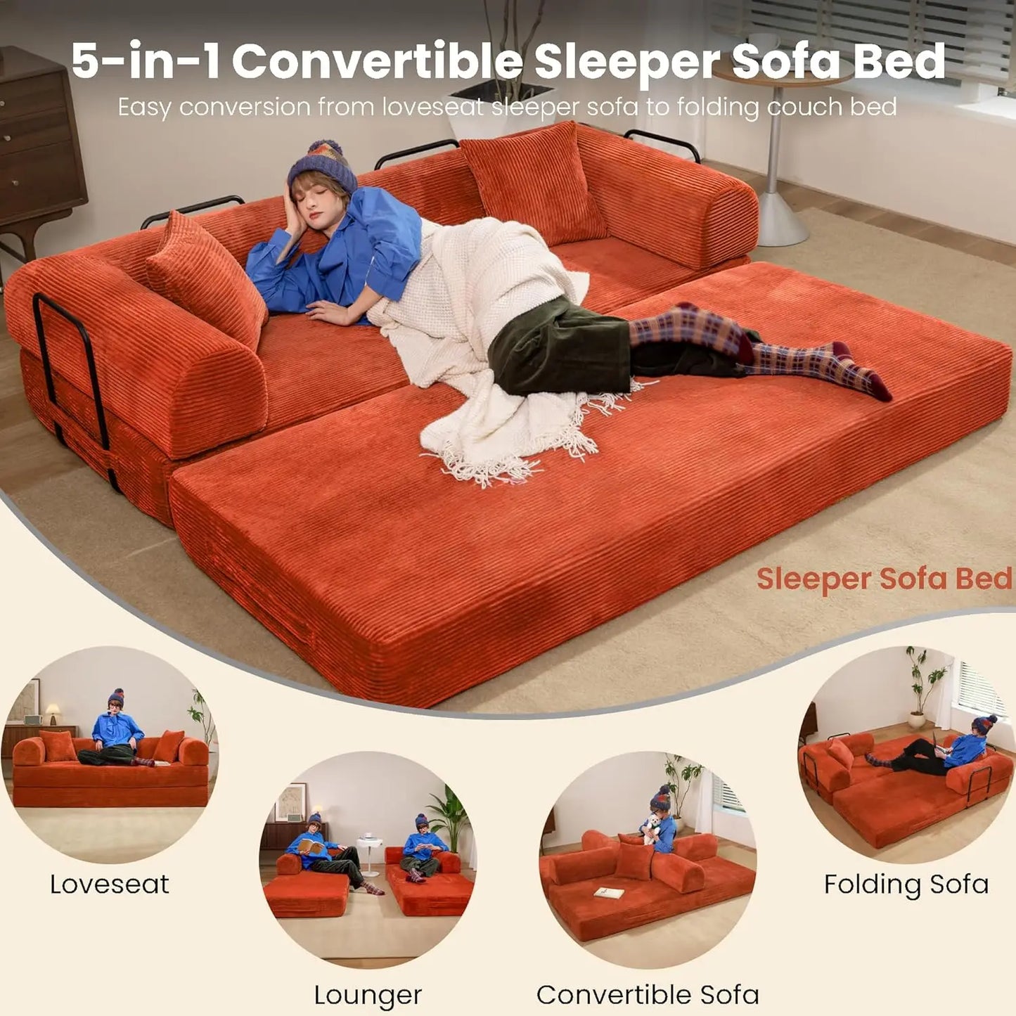 Convertible Sofa Bed Modular Couch With Corduroy Fabric And Memory Foam Sleeper