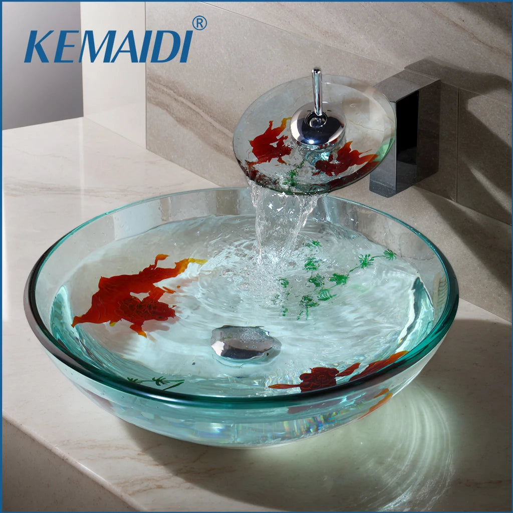 MEKKHALA Tempered Glass Bathroom Basin Sink Faucet Combo Vessel Set