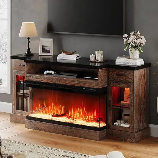 TV Stand with Fireplace, 70" Farmhouse Fireplace Entertainment Center with Storage Cabinets,TV Console for TV