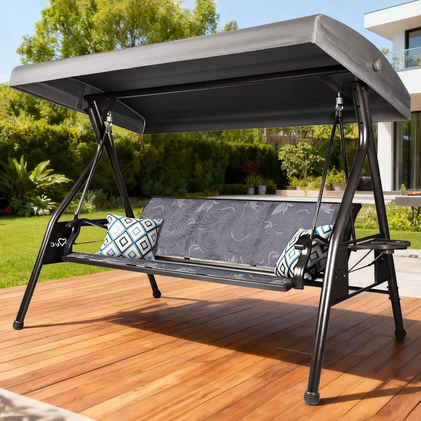 Three-Seat Patio Swing Chair With Adjustable Canopy Textilene Cup Holders