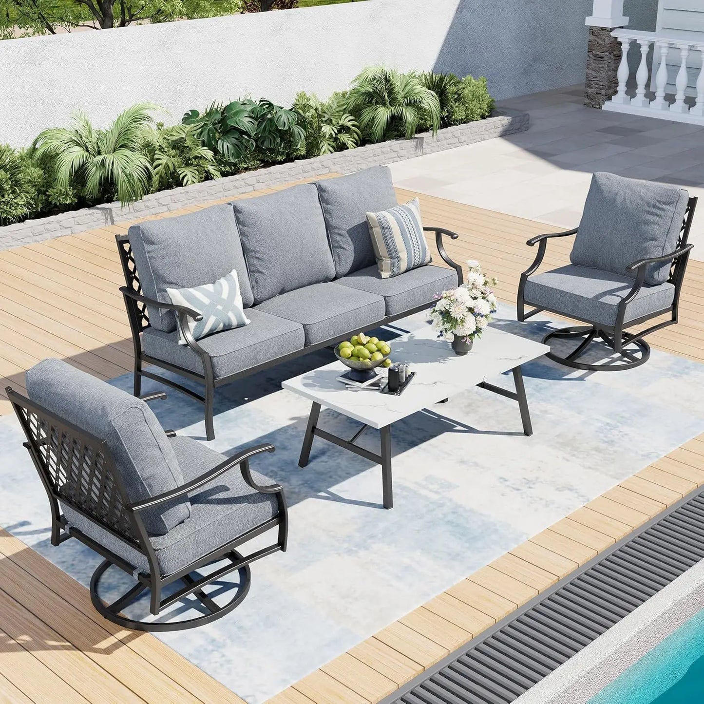 4 Piece Metal Outdoor Patio Furniture Set, Patio Conversation Sets 1 3-seater Sofa, 2 Swivel Chair with 5.75" Extra, Customized