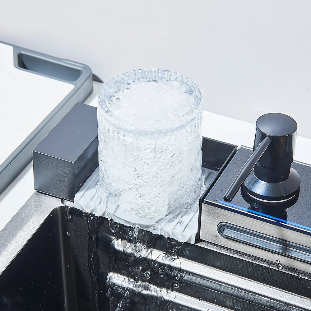 MYQualife 304 Stainless Steel Waterfall Kitchen Sink Faucet Set Dispenser