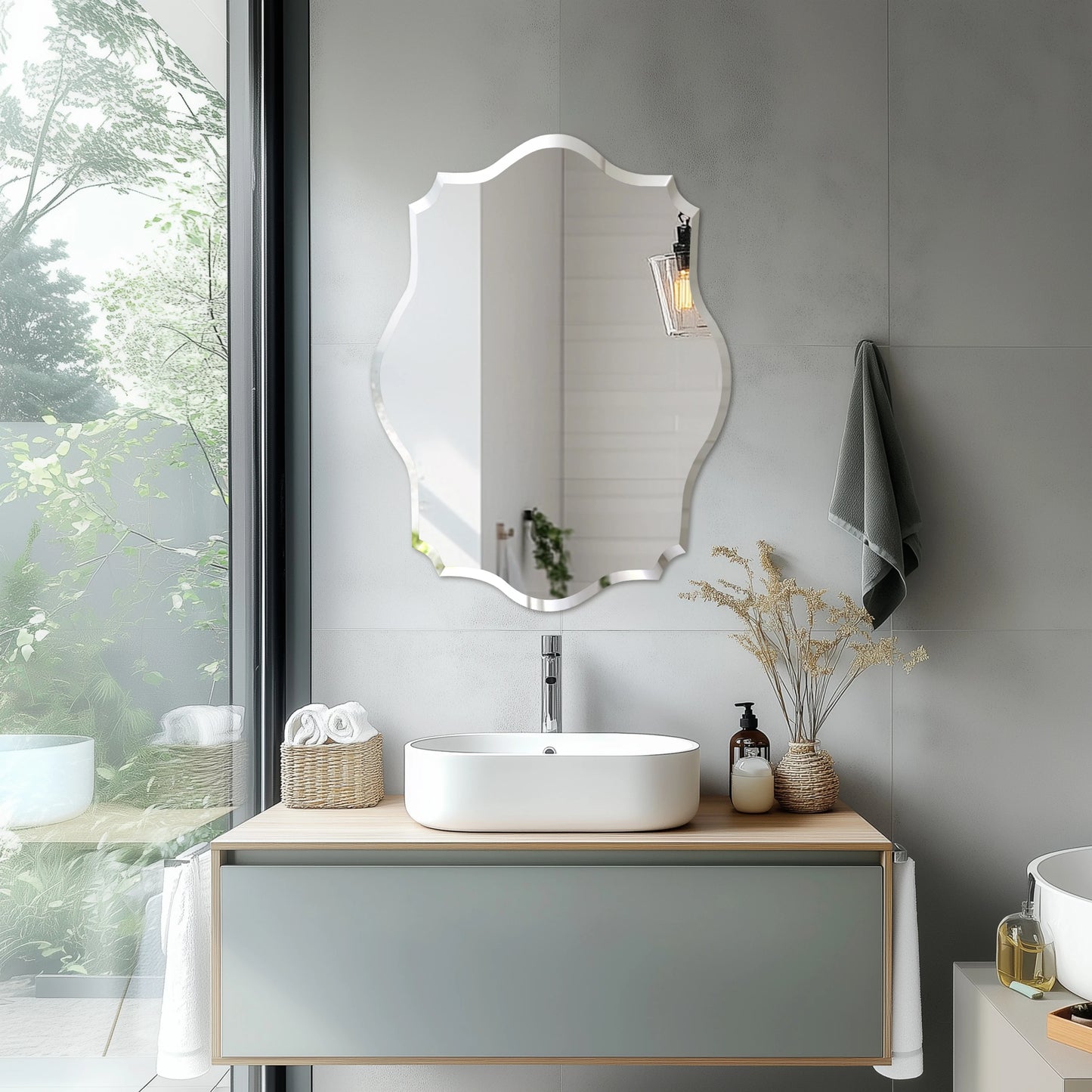 Wisfor Scalloped Frameless Wall Mirror With Beveled Edge For Bathroom