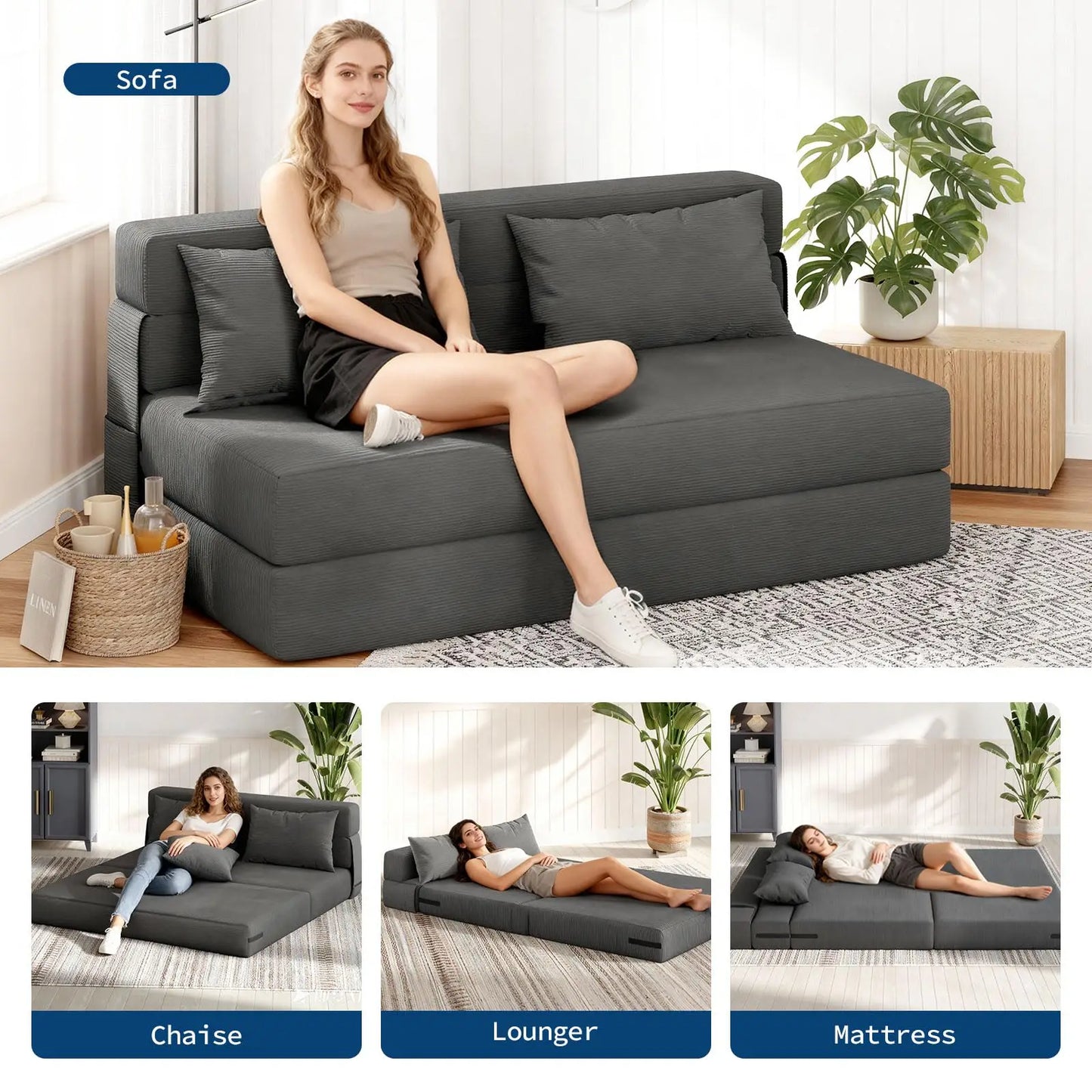 HobbyLane 4 In 1 Folding Sofa Bed Corduroy Sleeper