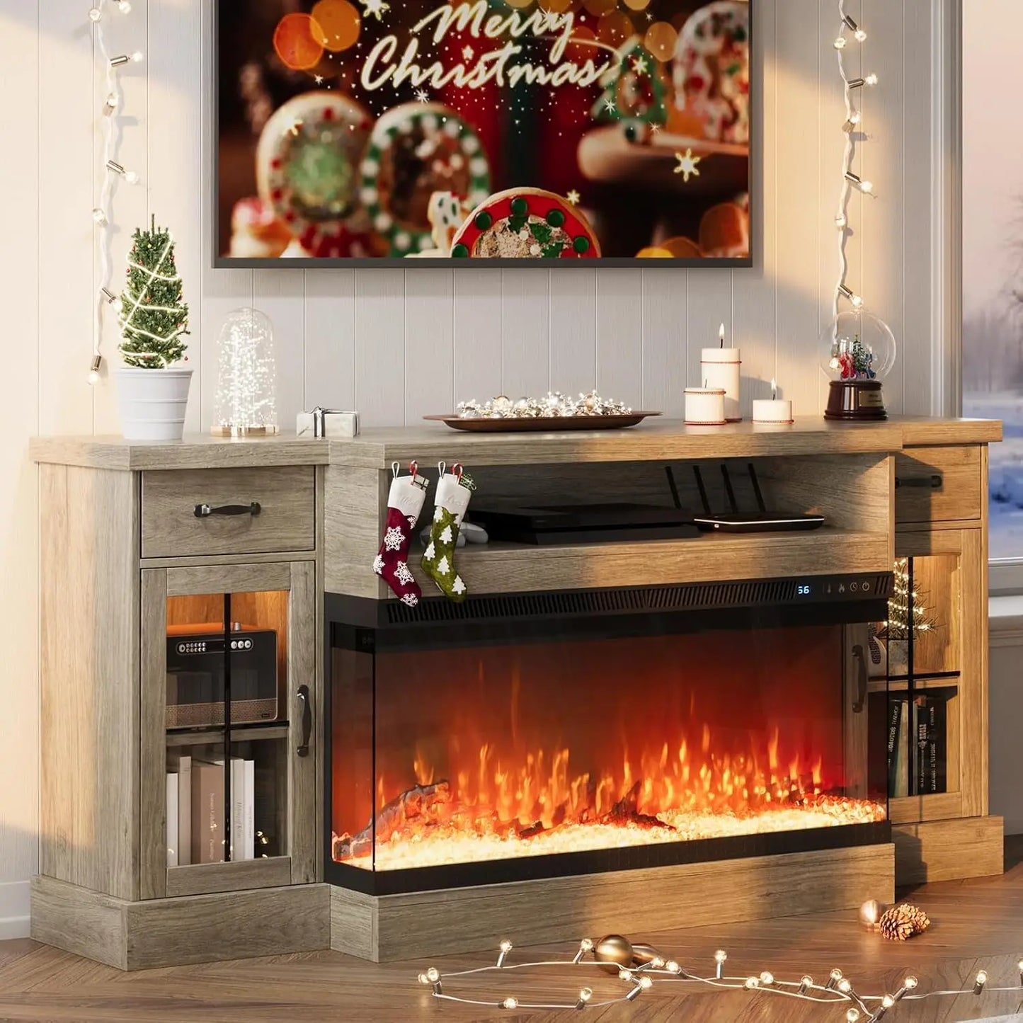 TV Stand with Fireplace, 70" Farmhouse Fireplace Entertainment Center with Storage Cabinets,TV Console for TV