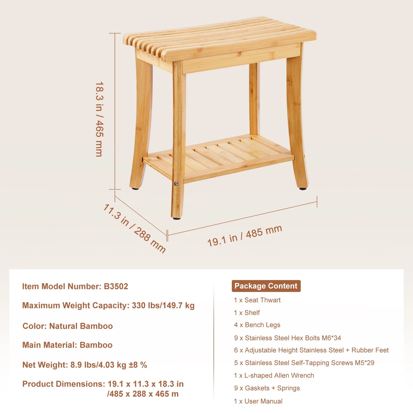 SucceBuy Bamboo Shower Bench Waterproof Shower Stool With Storage Shelf 330lbs