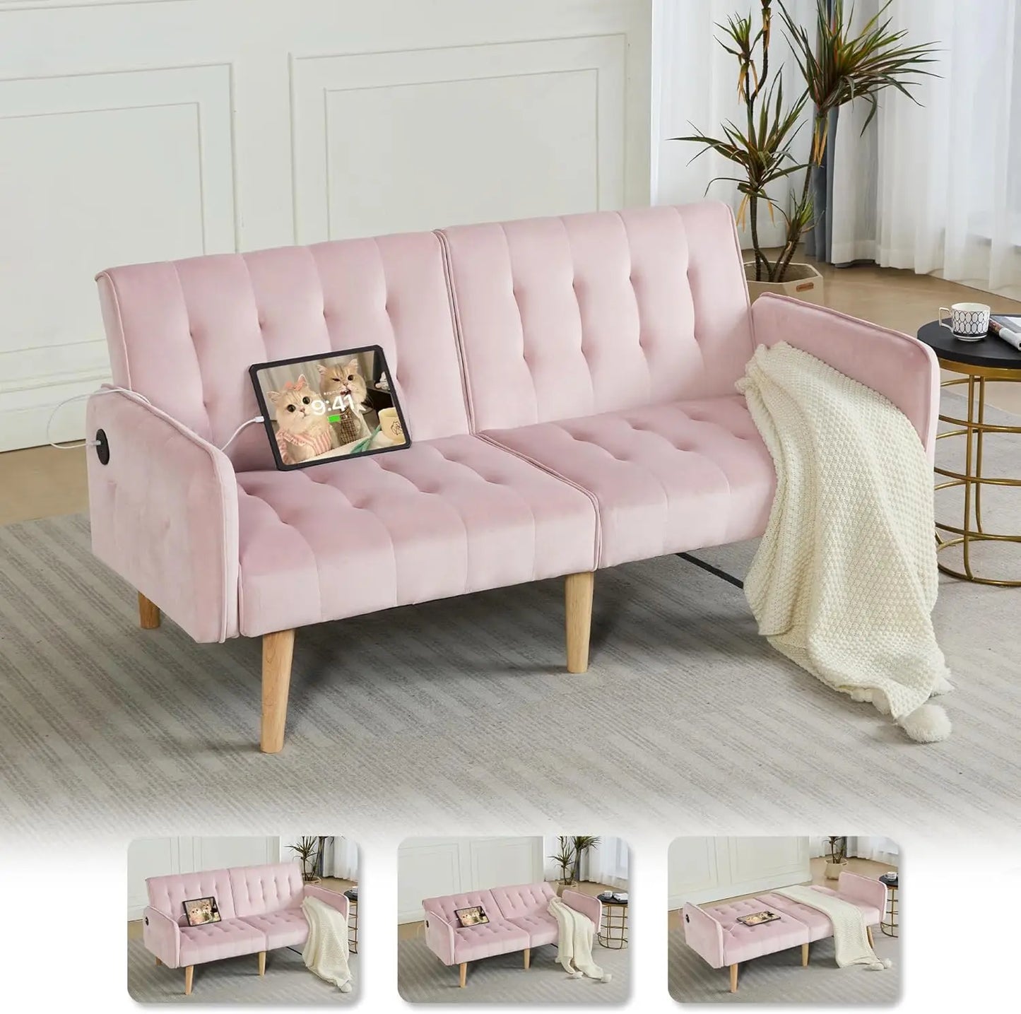 Futon Sofa Bed With USB Tufted Upholstered Loveseat Modern Mid Century