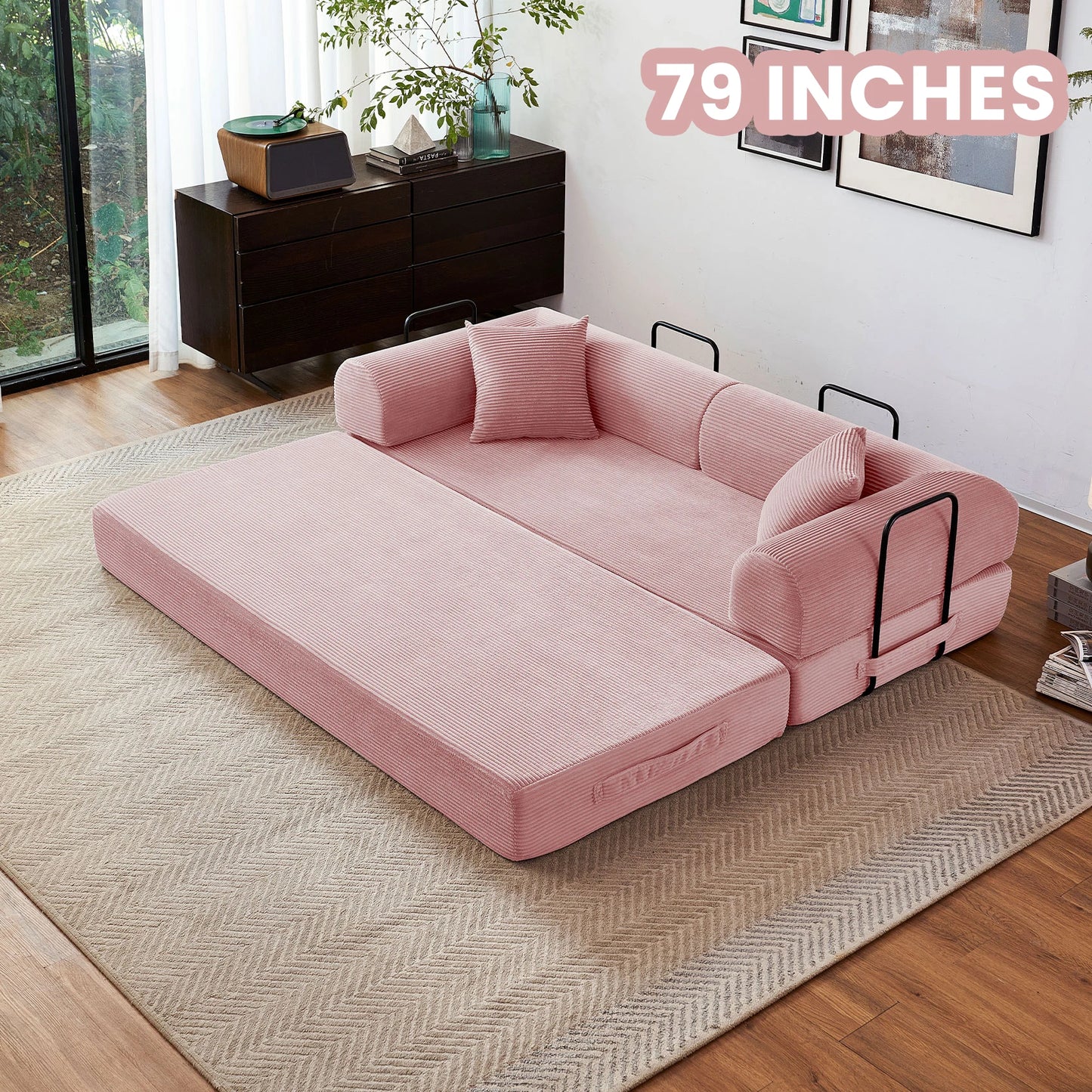 Foldable Convertible Futon Sofa Bed With L Shaped Armrests