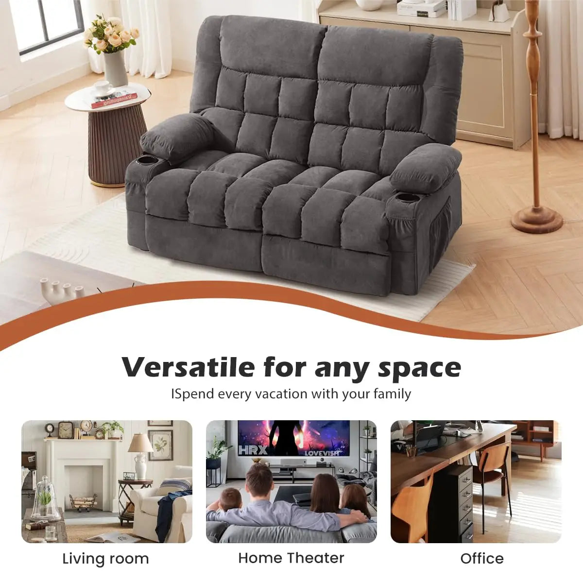 GUANGBAI Ergonomic Manual Recliner Loveseat With Cup Holders