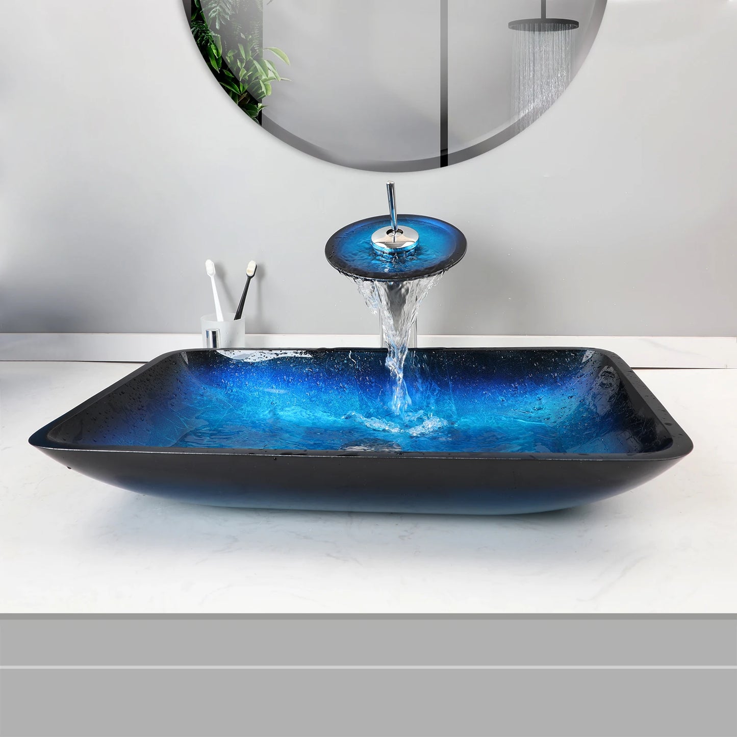 YANKSMART Tempered Glass Basin Sink Washbasin Faucet Set