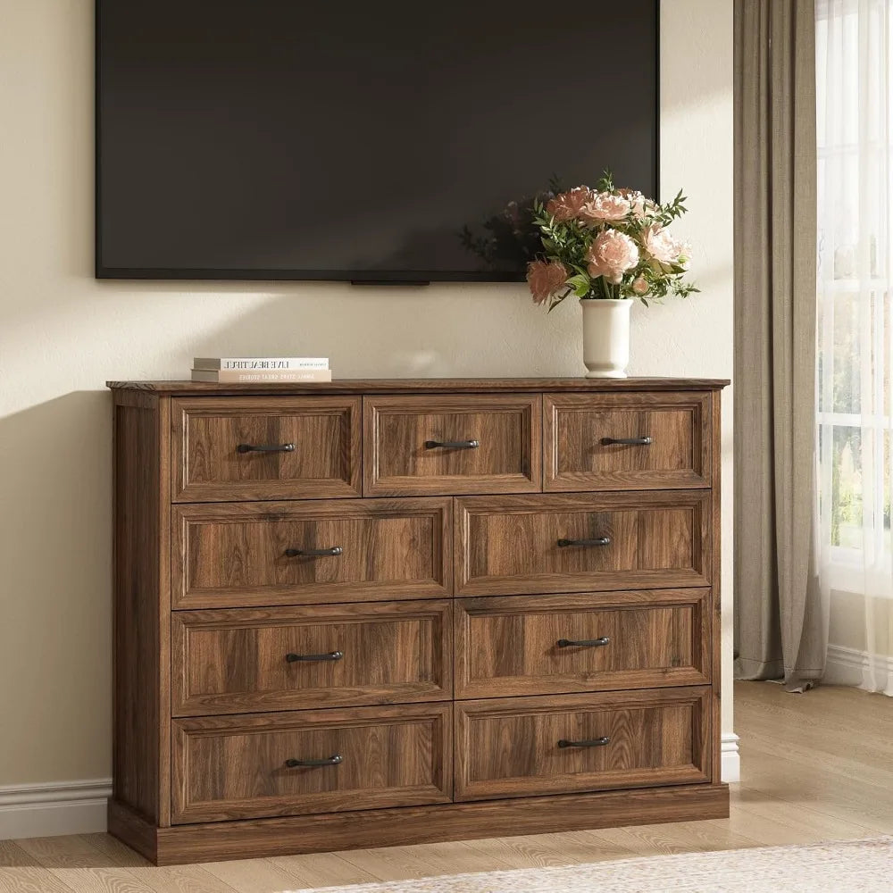 9 Drawer Dresser for Bedroom,with Large Drawers, 55 Inch Wide Modern Walnut Dresser TV Stand