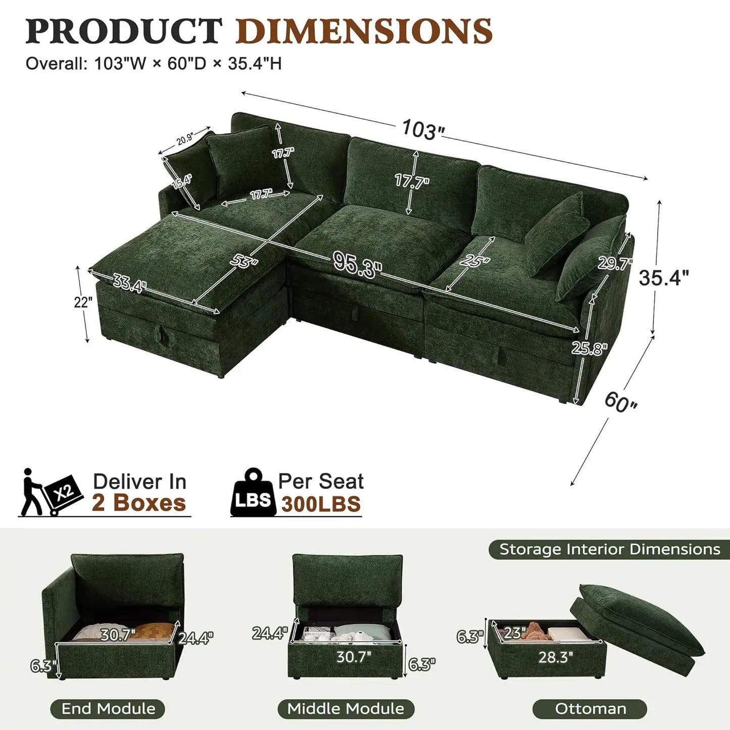 Modular Sectional Sofa With Storage L Shaped Chenille Movable Ottoman
