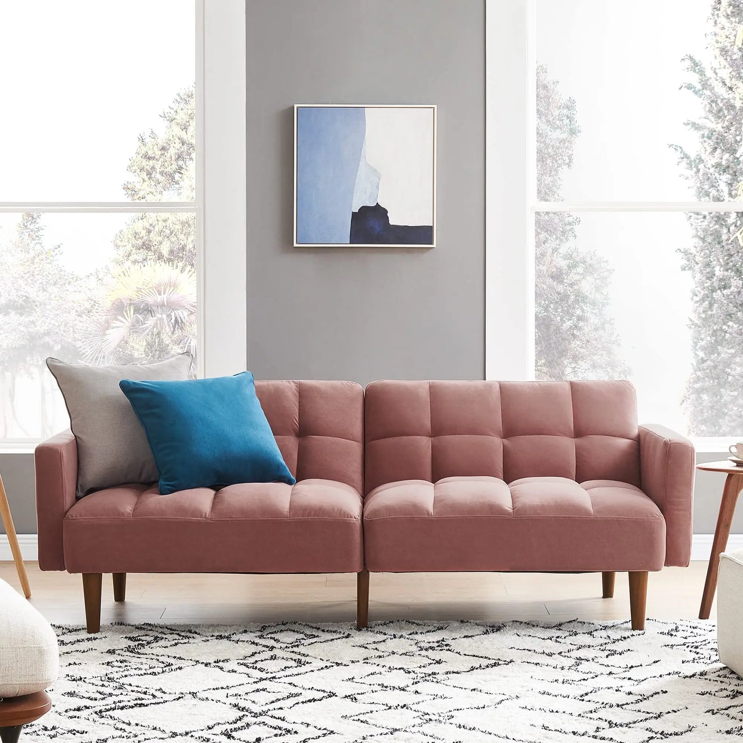 Mid Century Futon Sofa Bed PU Leather Loveseat Wood Frame