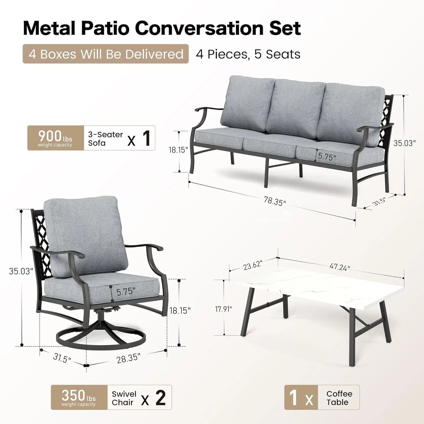 4 Piece Metal Outdoor Patio Furniture Set, Patio Conversation Sets 1 3-seater Sofa, 2 Swivel Chair with 5.75" Extra, Customized