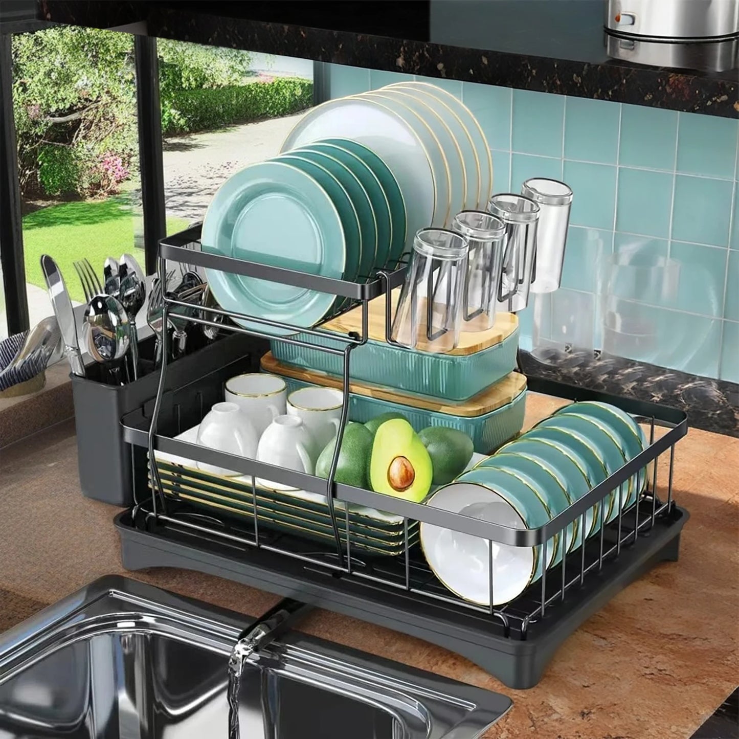 2-Tier Dish Drying Rack For Kitchen Countertops With Removable Tray