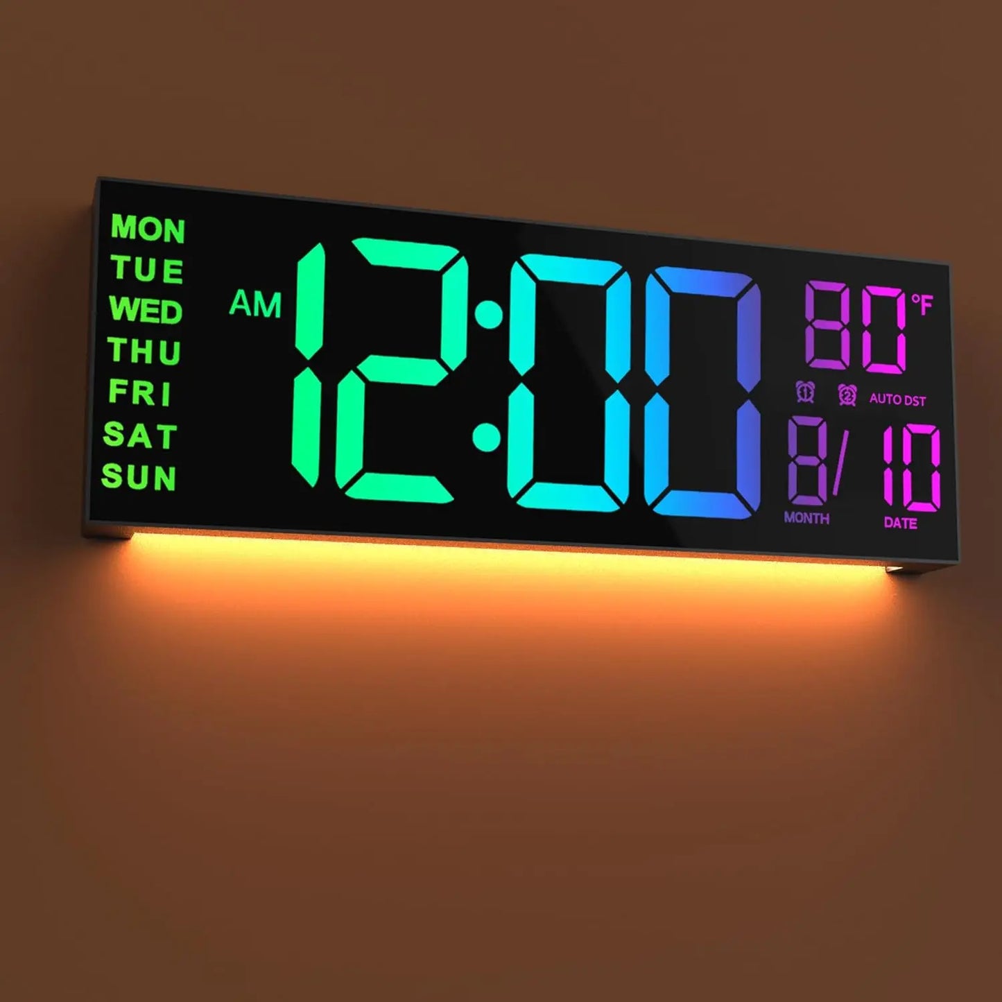 Digital Wall Clock Remote Timer Alarm Big LED Screen 8 RGB Colors Temperature
