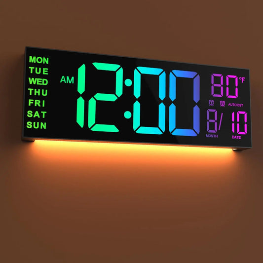 Digital Wall Clock Remote Timer Alarm Big LED Screen 8 RGB Colors Temperature