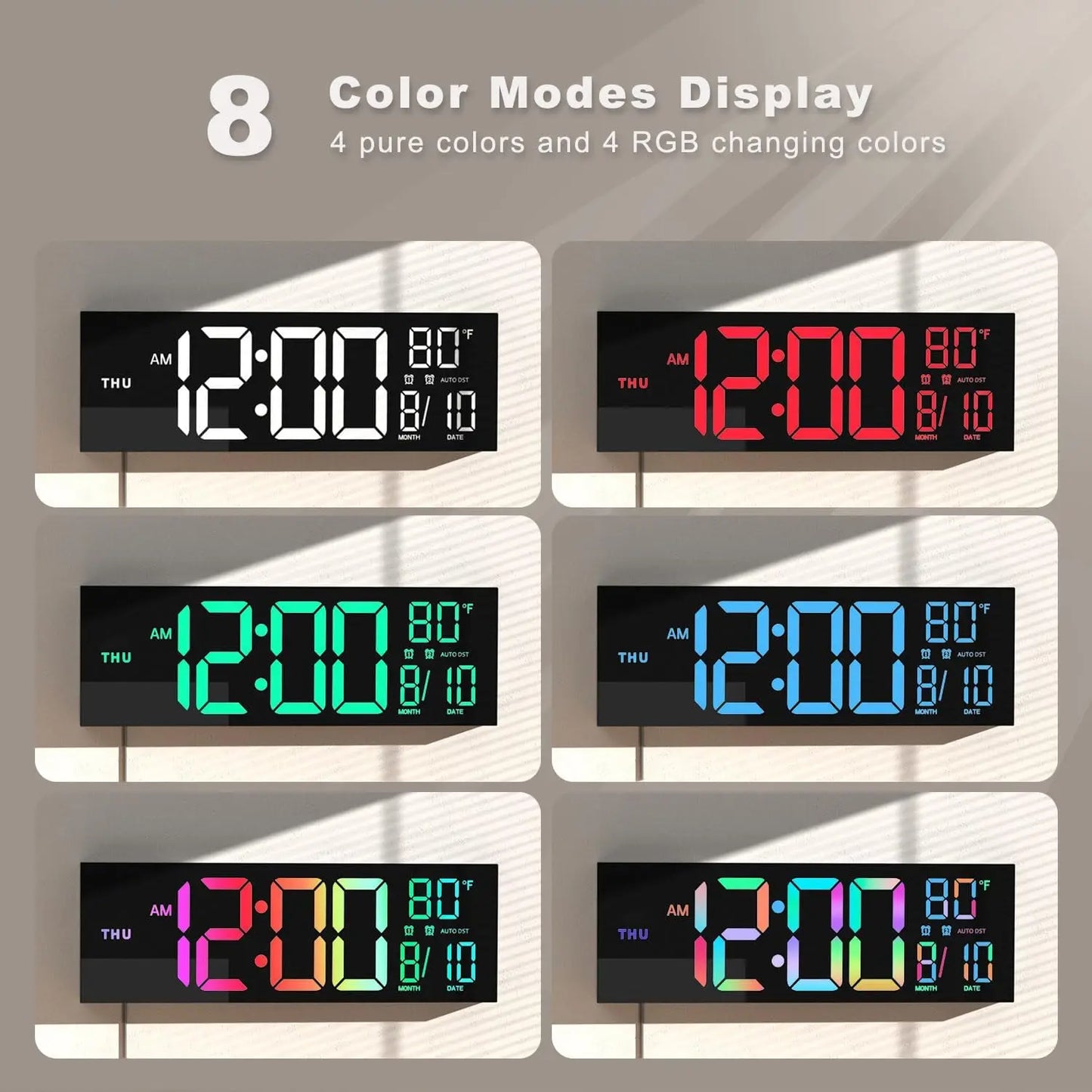 Digital Wall Clock Remote Timer Alarm Big LED Screen 8 RGB Colors Temperature