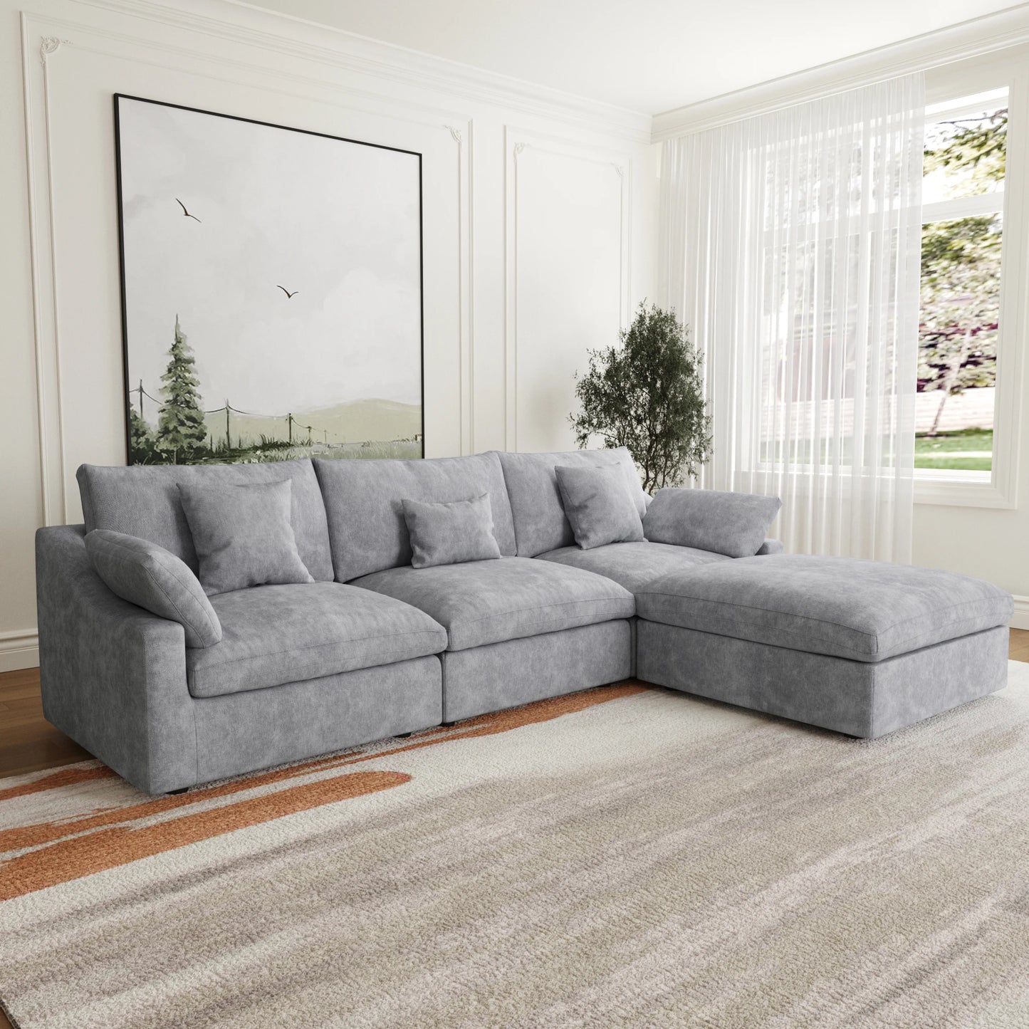 Sdorens 120'' Sectional Sofas for Living Room Modern Cloud Couch Down Filled L-Shaped 3Seater Couch with Ottoman