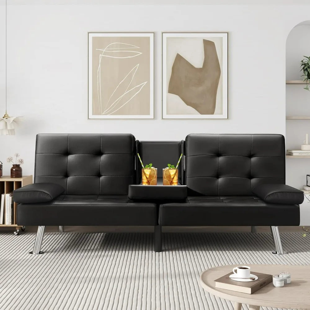 Futon Sofa Bed Faux Leather Couch With Cup Holders