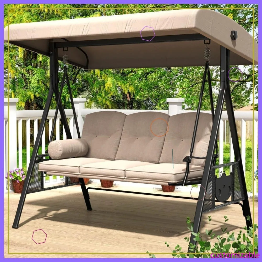 Outdoor 3 Seat Porch Swing With Adjustable Canopy And Cushions