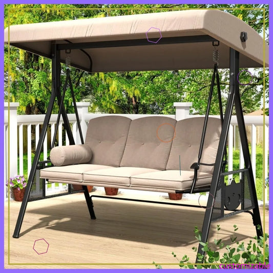 Outdoor 3 Seat Porch Swing With Adjustable Canopy And Cushions