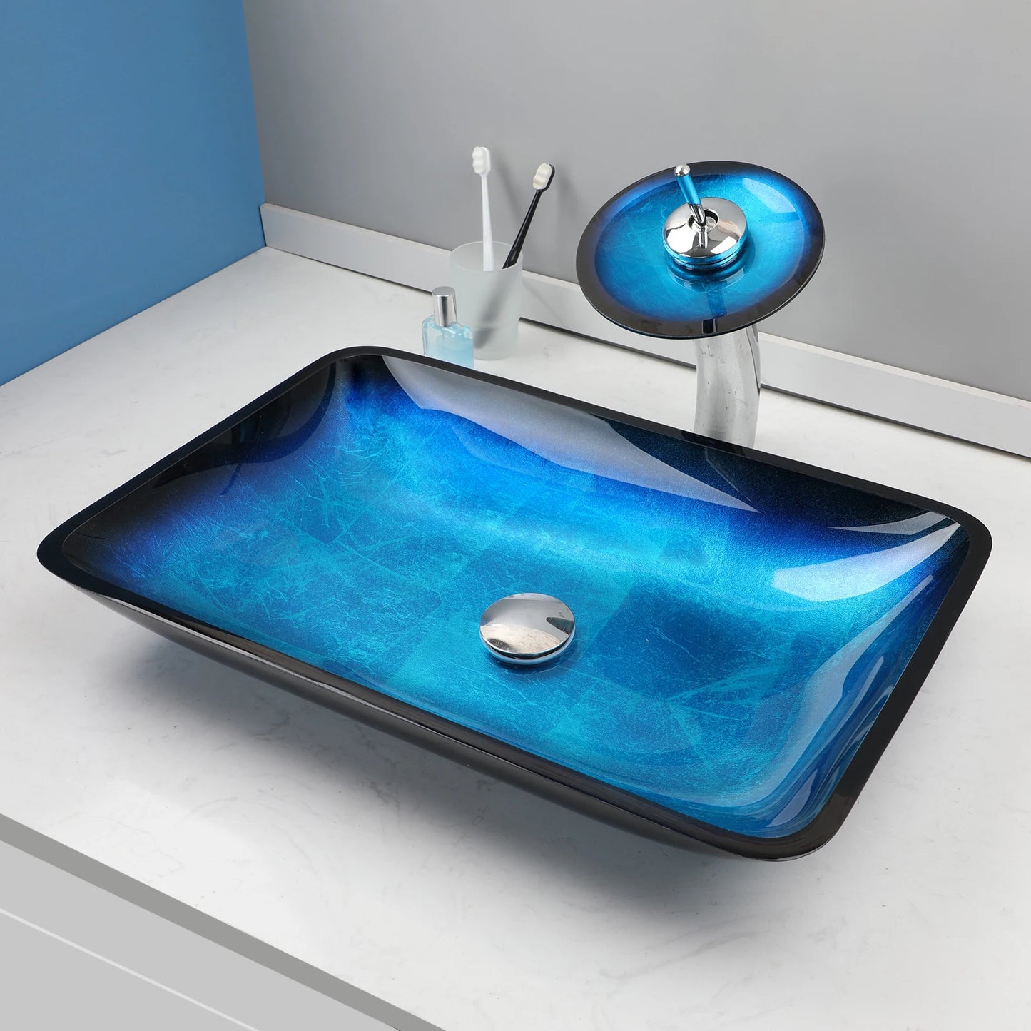 YANKSMART Tempered Glass Basin Sink Washbasin Faucet Set