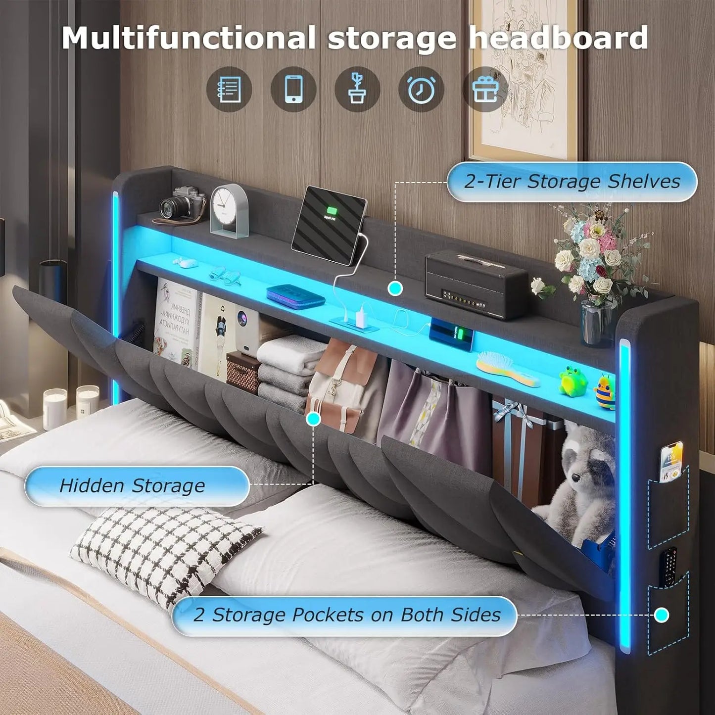 LED Bed Frame With Charging Station And Upholstered Headboard
