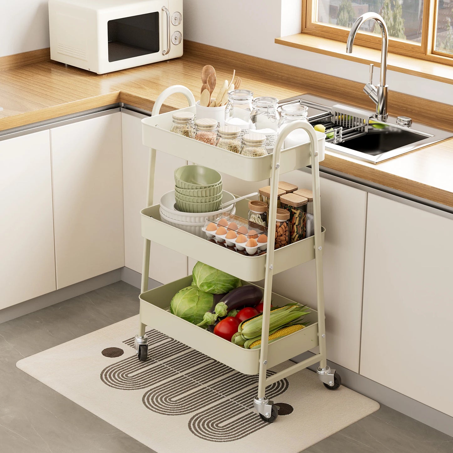 JHK 3 Tier Metal Kitchen Storage Cart With Lockable Wheels