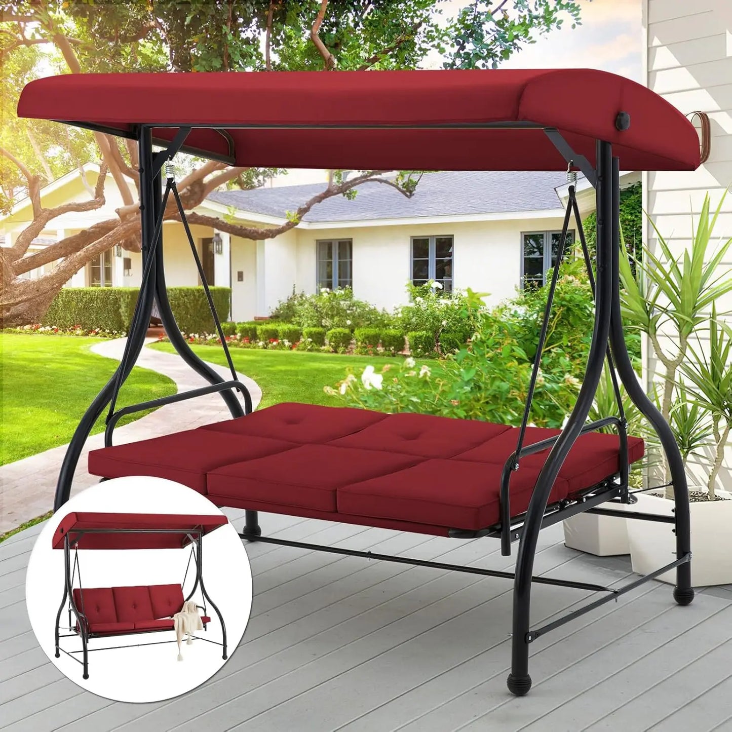 Outdoor Patio Swing Chair 3 Seat Canopy With Adjustable Backrest