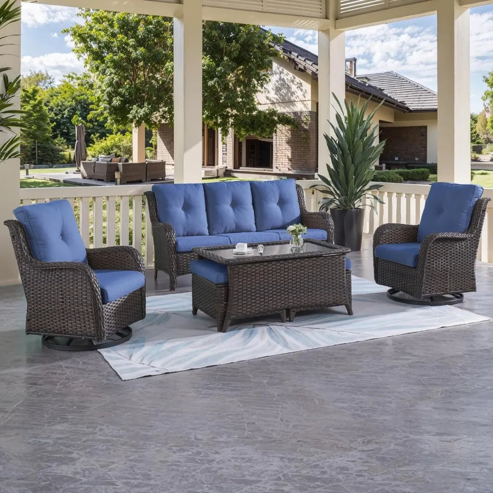 Patio Furniture 6 Pieces Set, with Swivel Rocking Chairs,Patio Ottomans,Patio Coffee Table, Wicker Outdoor Sectional Sofa