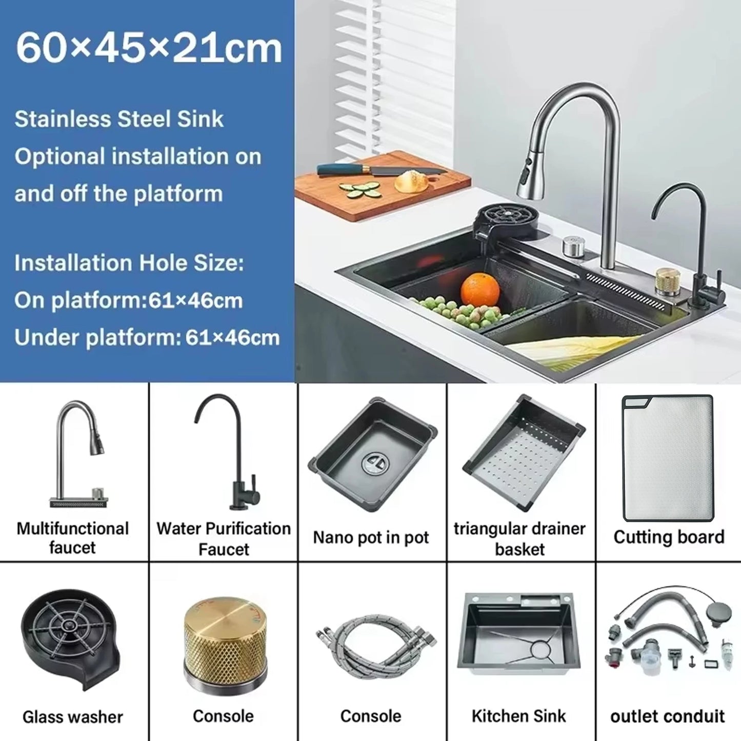 Wanmivezlo 304 Stainless Steel Waterfall Kitchen Sink With Above Counter Basin