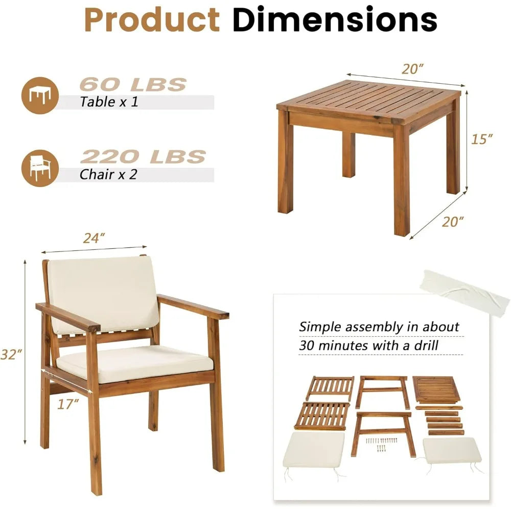 Patio Chairs 3 Piece Acacia Wood Outdoor Conversation Set Coffee Table Cushions