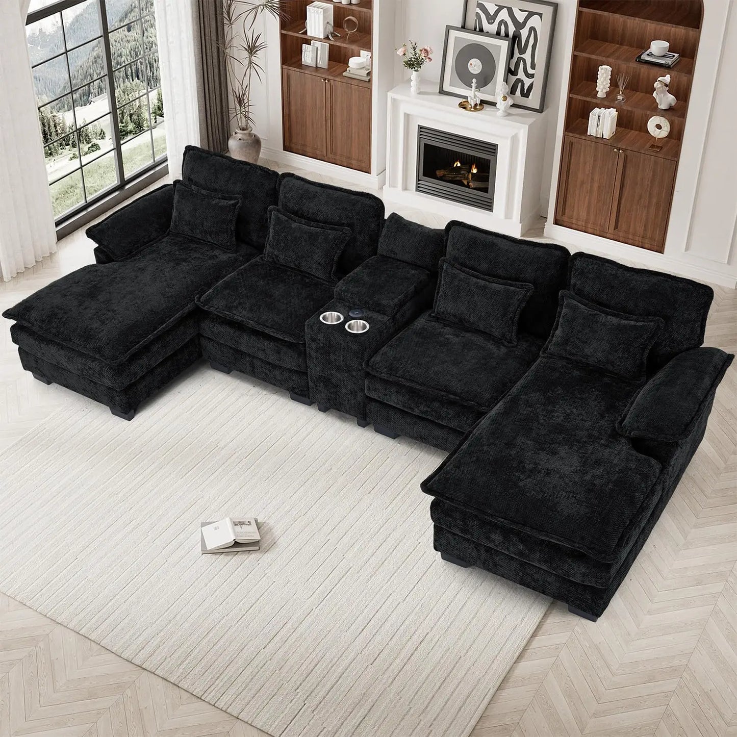 U Shaped Modular Sectional Sofa Chenille With Double Chaise Storage Console USB