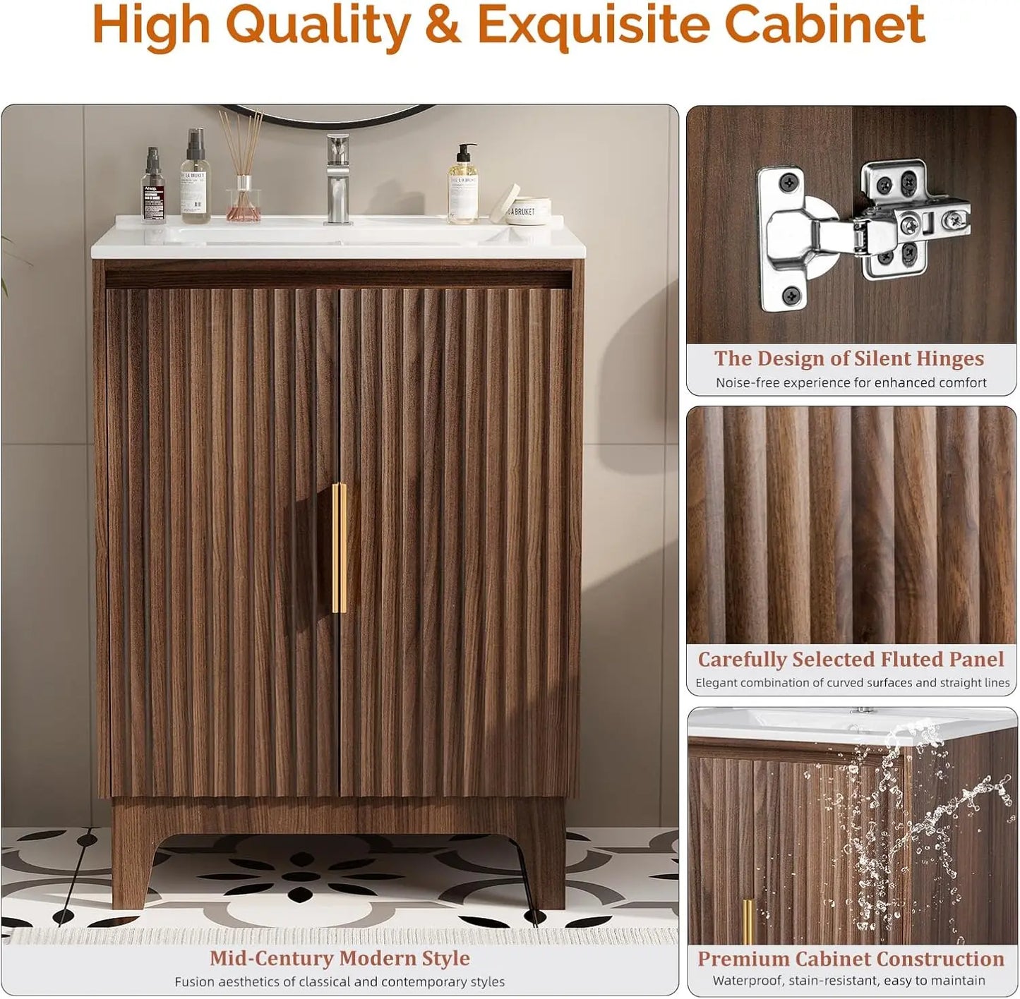 Mid-Century Modern Vanity With Ceramic Basin and Fluted Doors