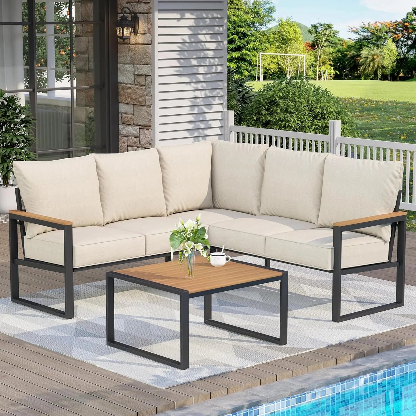 Metal Patio Furniture Set, 6 Pieces Outdoor Sectional Sofa Set with Side Table, L Shape Patio Conversation Set with, Customized