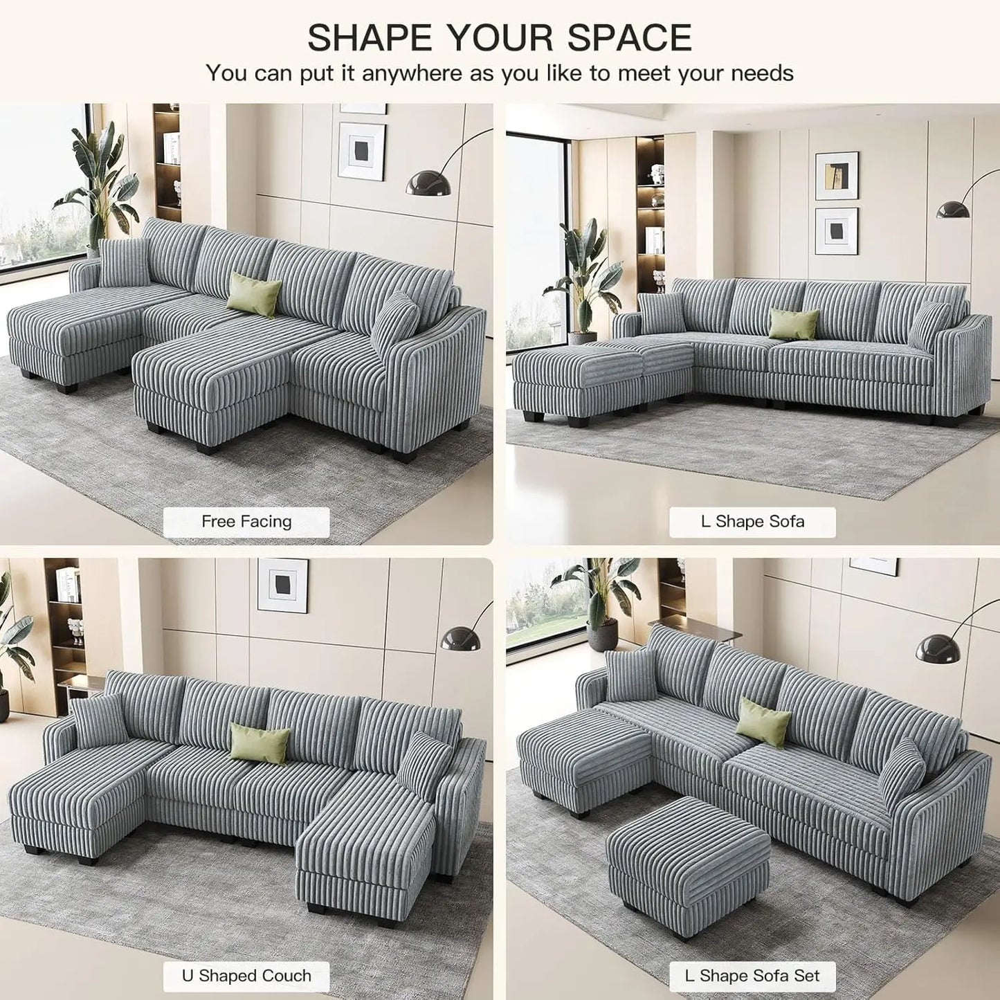 U Shape Reversible Sectional Sofa With Ottoman Corduroy Living Room